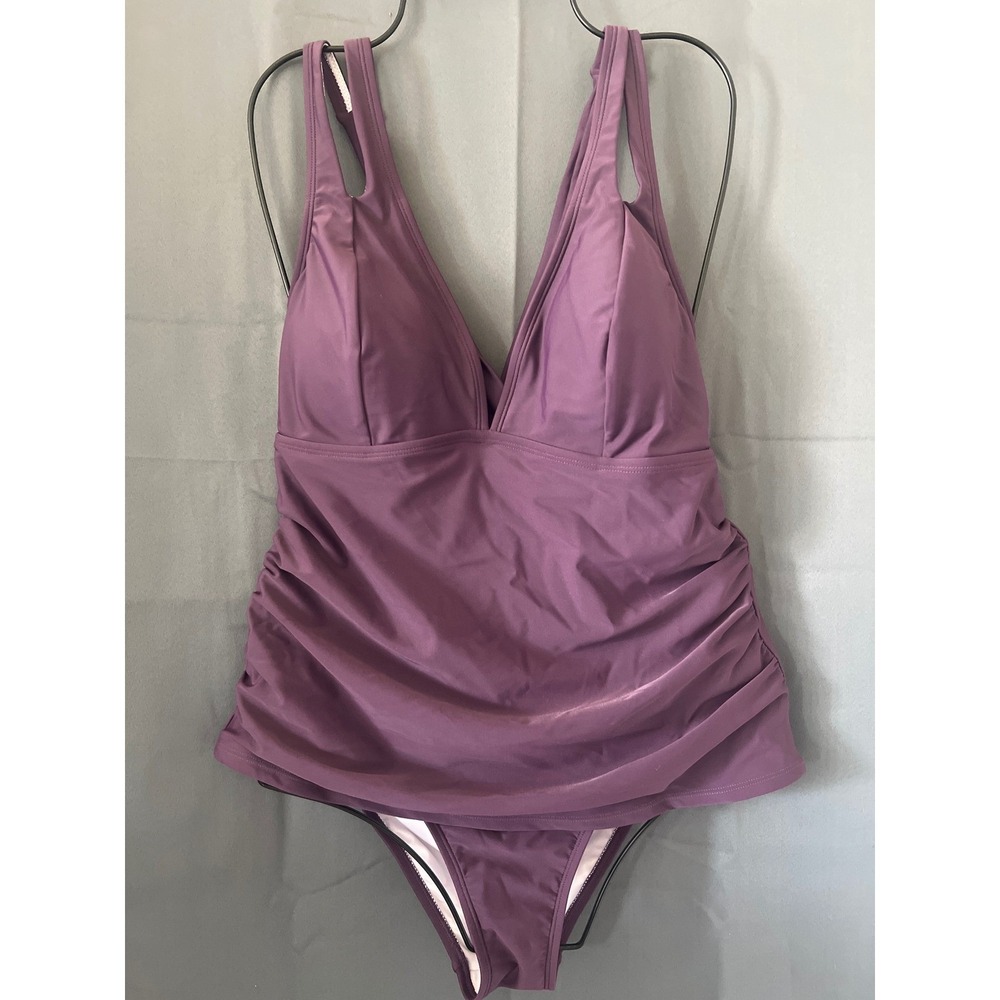 Cupshe Purple Ruched V-Neck Tie Back Tankini Set Swimsuit Women Large - Picture 3 of 7